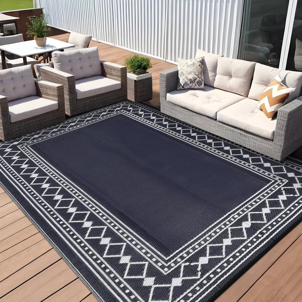 10x20 Large Outdoor Patio Rug – Diamond Border Plastic Straw Rug, Waterproof, Foldable, UV Resistant, Reversible Camping Mat for Deck,