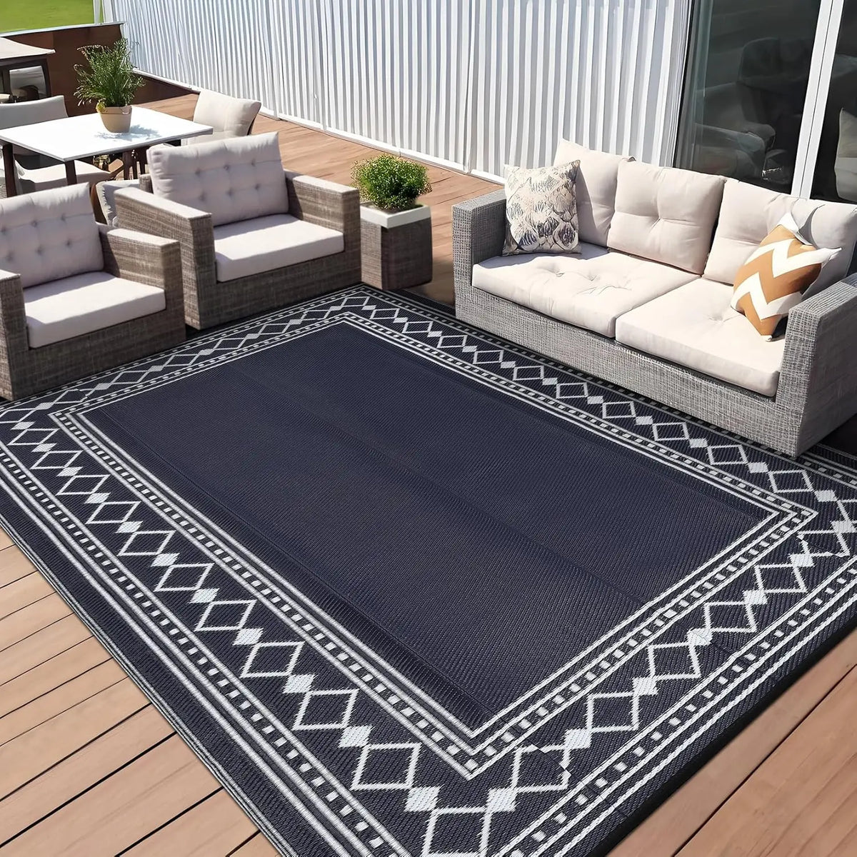 10x20 Large Outdoor Patio Rug – Diamond Border Plastic Straw Rug, Waterproof, Foldable, UV Resistant, Reversible Camping Mat for Deck,