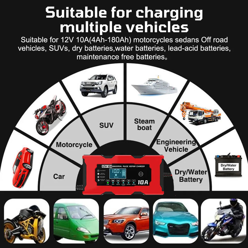 Battery Charger Intelligent Smart Battery Charging 12V 10A Fast Power Charging Pulse Repair Tools Digital Display For SUV Motorcycle Truck RV Universal - Macgyverzoutpost