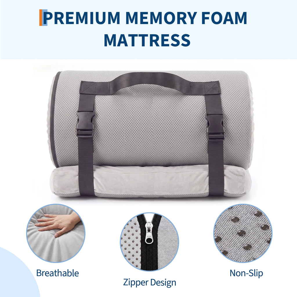 3" Roll-Up Memory Foam Camping Sleeping Pad - Portable Tent & Car Travel Sleeping Mat, Compact Cot/Guest Floor Mattress, Medium Firm - Gray