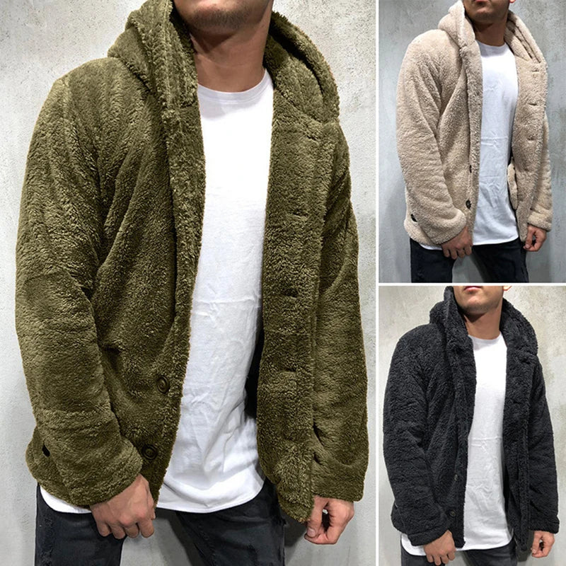 Stylish Hooded Coat Cozy Winter Coat Hooded Buttons Closure Thick Warm Men's Coat Outdoor Jacket - Macgyverzoutpost