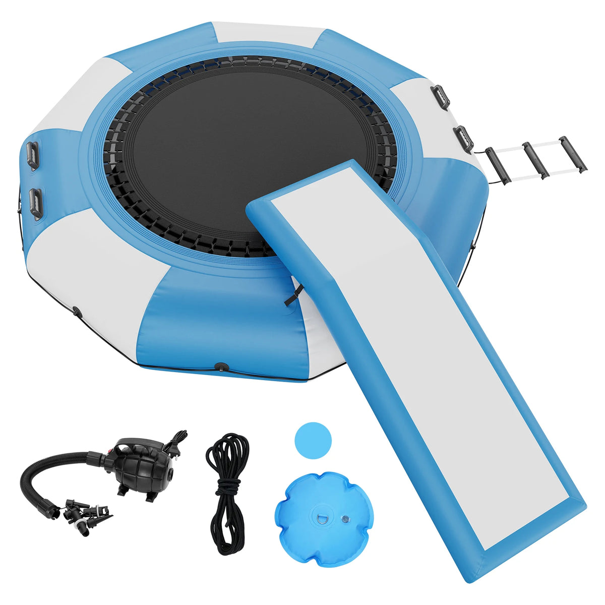 SucceBuy 10ft Inflatable Water Bouncer Recreational Water Trampoline Portable Bounce Swim Platform with Slide 3-Step Ladder