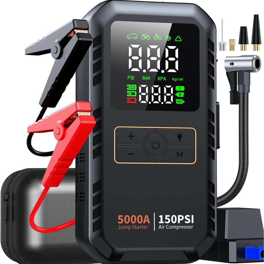 4-IN-1 Car Jump Starter with Air Compressor Peak 5000A Auto Battery Booster 150PSI Air Pump Portable Power Bank Tire Inflator - Macgyverzoutpost