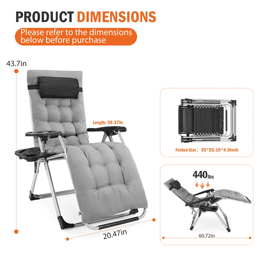 JHK Zero Gravity Reclining Camping Lounge Chair for Outdoor Soft Cushion Patio Chairs with Cup Holder Trays and Removable Cushion Folding Recliner