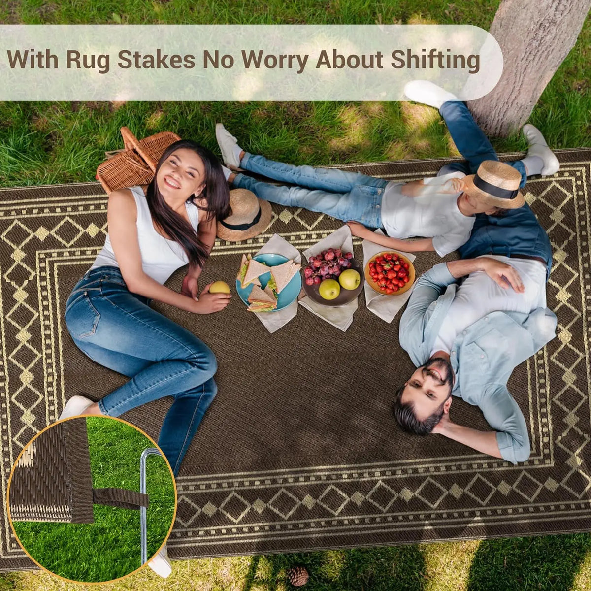 10x20 Reversible Outdoor Rug – Waterproof Plastic Straw Mat, Bordered Geometric Design, Brown/Coffee,