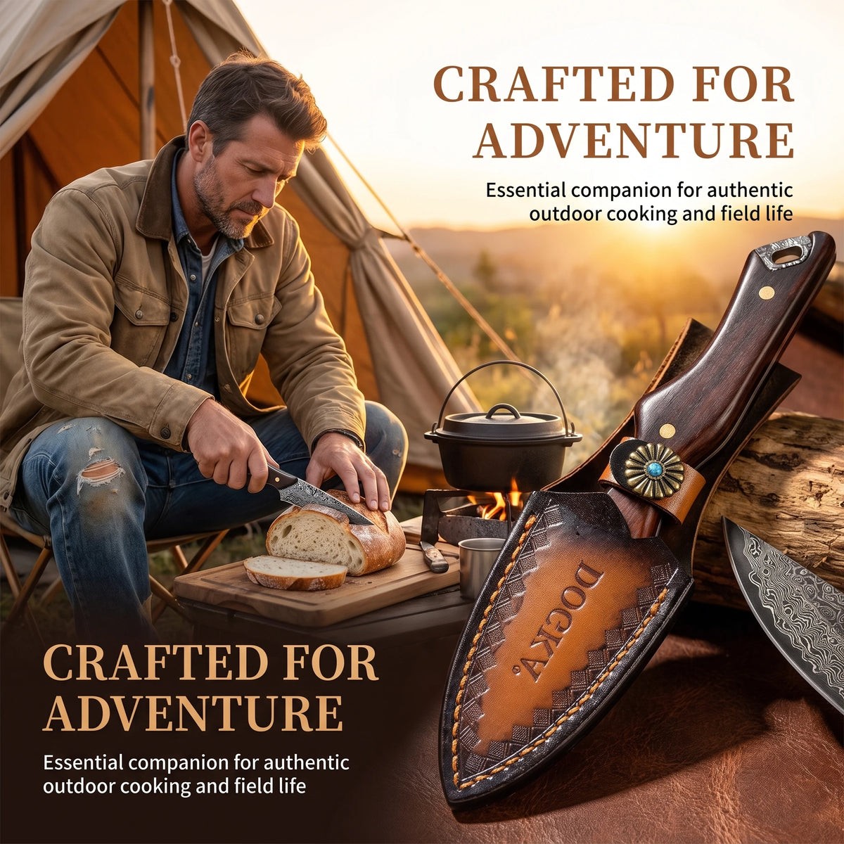 Damascus Pattern Fixed Blade Utility Knife with Solid Wood Handle Portable Outdoor Camping Picnic Cutting EDC Gear with Handmade Leather Sheath 2 Styles