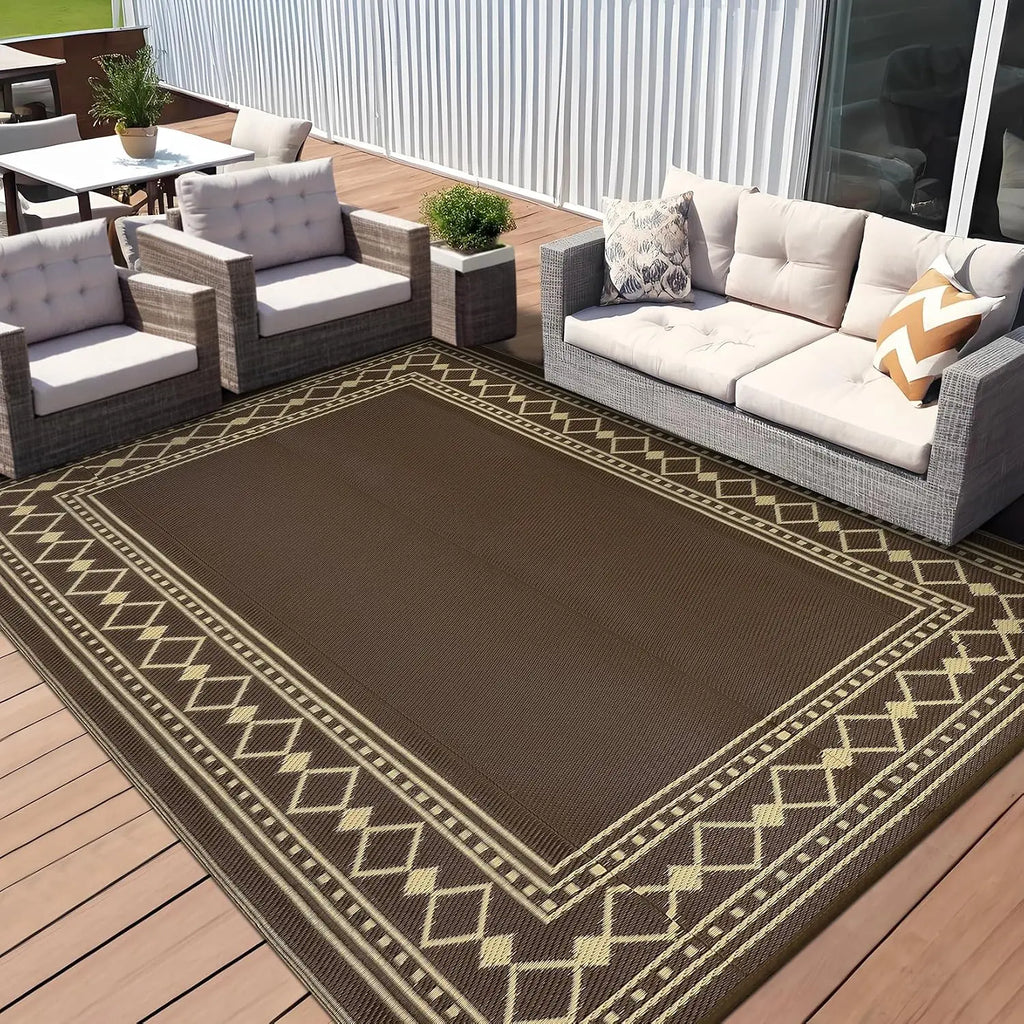 10x20 Reversible Outdoor Rug – Waterproof Plastic Straw Mat, Bordered Geometric Design, Brown/Coffee,