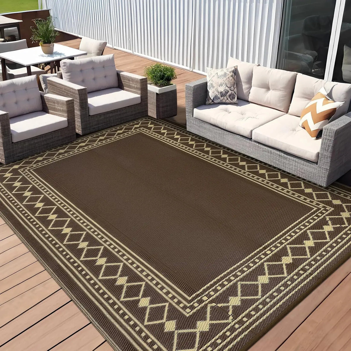 10x20 Reversible Outdoor Rug – Waterproof Plastic Straw Mat, Bordered Geometric Design, Brown/Coffee,