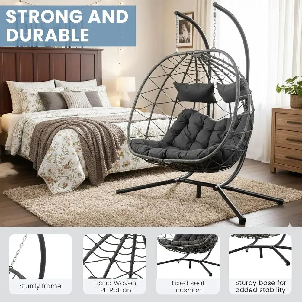 Double Egg Swing Chair with Stand, Outdoor-Friendly Loveseat Hammock, UV-Resistant Cushions, 700 lbs Capacity,