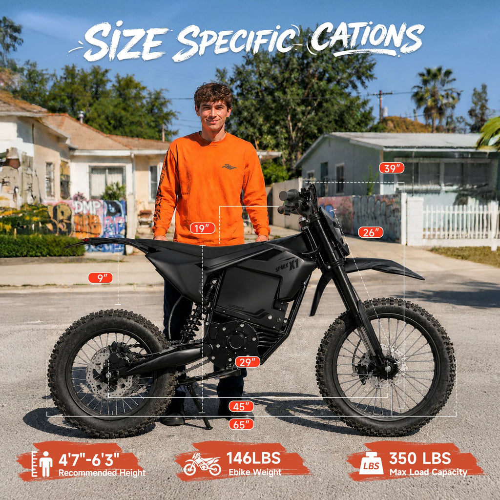 QRONGE X1 Spark L Electric Dirt Bike, 4500W Peak Electric Bicycle, 60V 28.8Ah Up to 50MPH & 60 Miles Electric Motorcycle, Full Suspension 17"/14" Off-Road Tires, 1-Year Warranty, Macgyverzoutpost