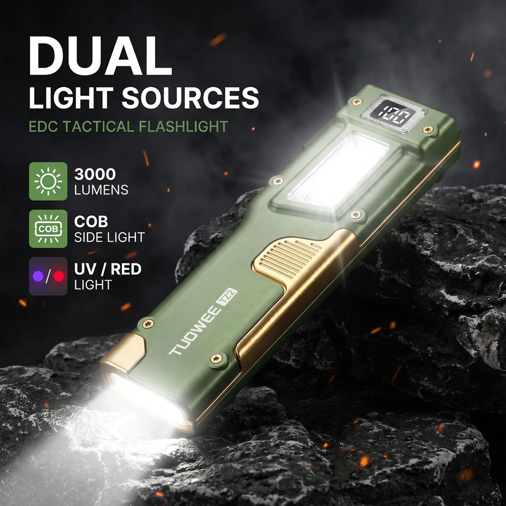 3000 Lumens EDC Tactical Flashlight USB Rechargeable 4 Light Modes White Red UV COB Side Light Shockproof Water Resistant Pocket Torch with Clip Digital Power Display for Camping Fishing Scorpion Detection Car Repair