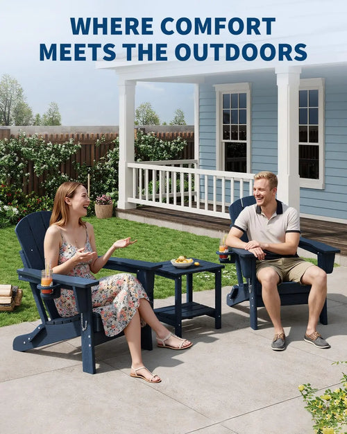 1 PC Folding Adirondack Chair, All-Weather HDPE Outdoor Chair, Wooden Textured with Cup Holder for patios, Decks, Gardens, Fire Pits