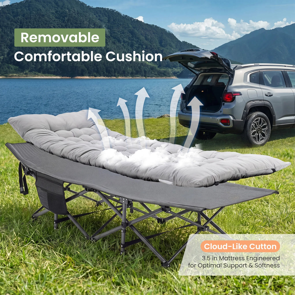 JHK Folding Camping Makeshift Bed Beach Lounge Chair Portable 3.5'' Cushion 440 lbs Sturdy Frame Compact Carry With Storage Bed - Macgyverzoutpost