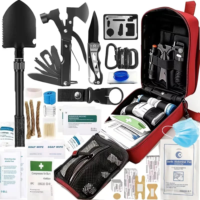 142-Piece Emergency Survival Kit with MOLLE Pocket Essential Gear for Camping Hunting Gardening Outdoor Adventure Creative Gift