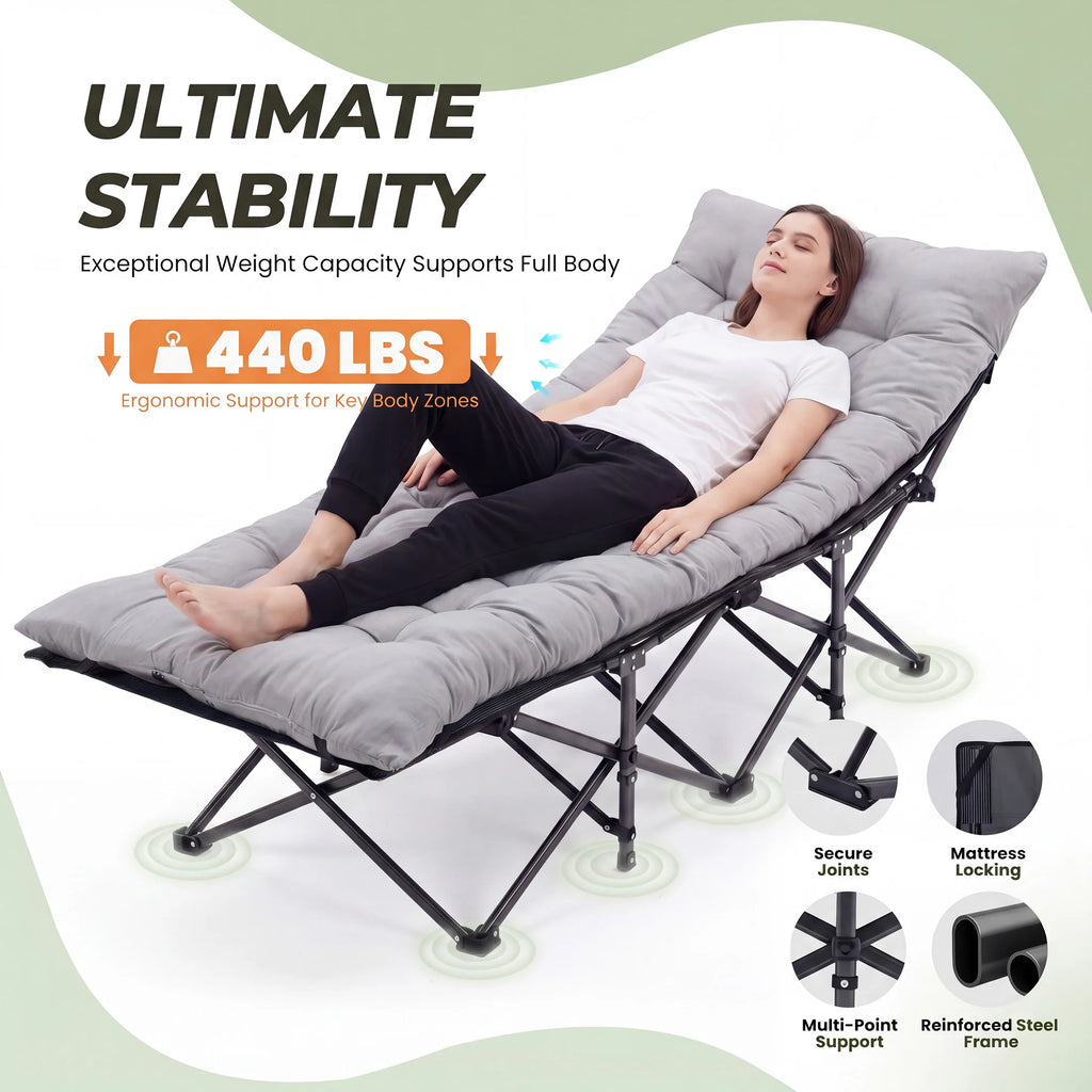JHK Folding Camping Makeshift Bed Beach Lounge Chair Portable 3.5'' Cushion 440 lbs Sturdy Frame Compact Carry With Storage Bed - Macgyverzoutpost