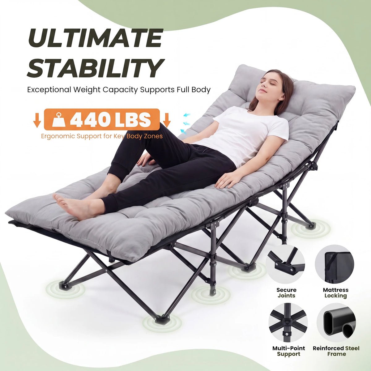 JHK Folding Camping Makeshift Bed Beach Lounge Chair Portable 3.5'' Cushion 440 lbs Sturdy Frame Compact Carry With Storage Bed - Macgyverzoutpost