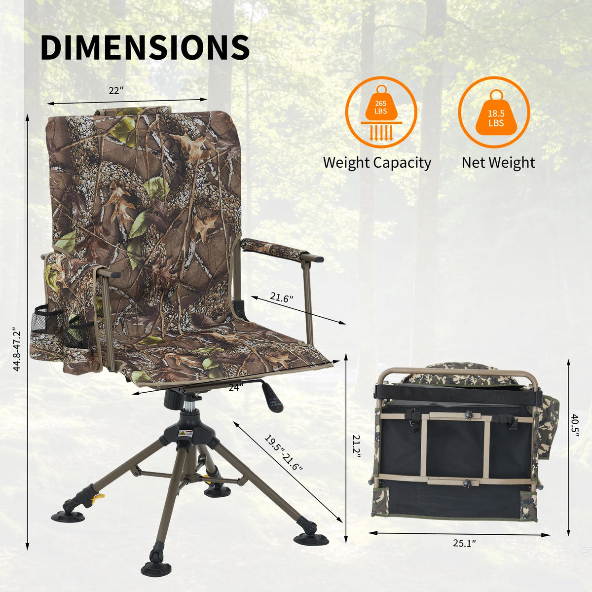 360° Swivel Hunting Chair, Silent Folding Portable Blind Seat | 4 adjustable legs & seat height, folding design, anti-sink feet, armrests, supports 330lbs, stable.