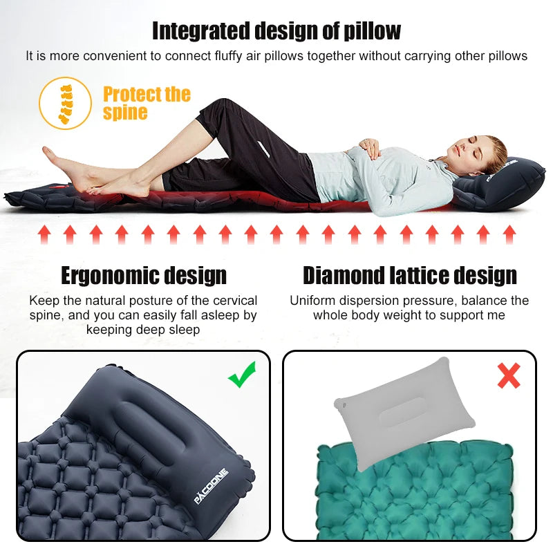 PACOONE Outdoor Sleeping Pad Camping Inflatable Mattress Built-in Pump Ultralight Air Cushion Travel Mat With Headrest For Travel - Macgyverzoutpost