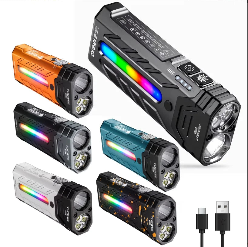 5000LM Rechargeable Magnetic LED Flashlight, 55 Modes, RGB Ambient Light, Spotlight & Floodlight, for Camping Hiking Emergency Use - Macgyverzoutpost