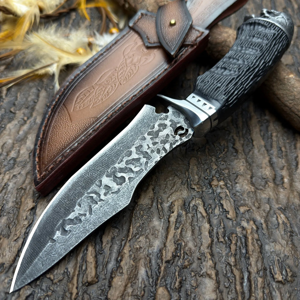 5Cr Stainless Steel Fixed Blade Outdoor Utility Knife, Damascus-Style Pattern, Mirror or Hammered Finish with Protective Sheath