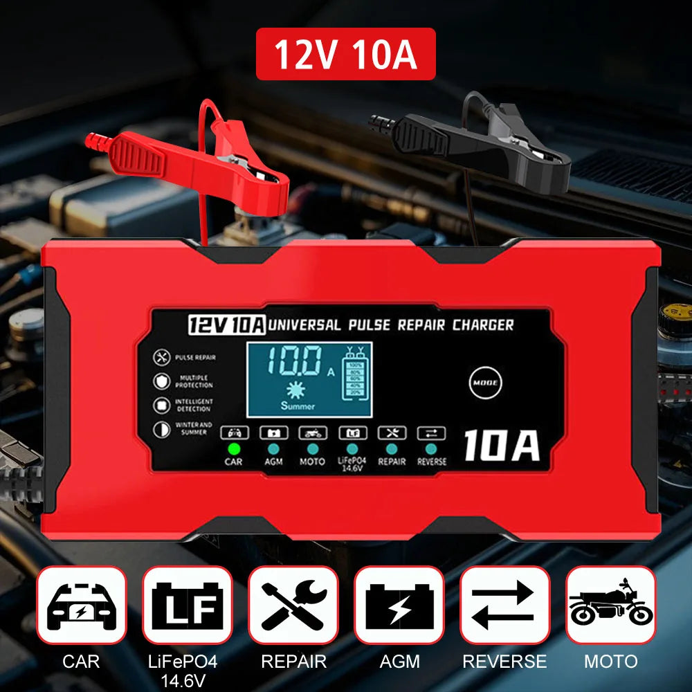 Battery Charger Intelligent Smart Battery Charging 12V 10A Fast Power Charging Pulse Repair Tools Digital Display For SUV Motorcycle Truck RV Universal - Macgyverzoutpost