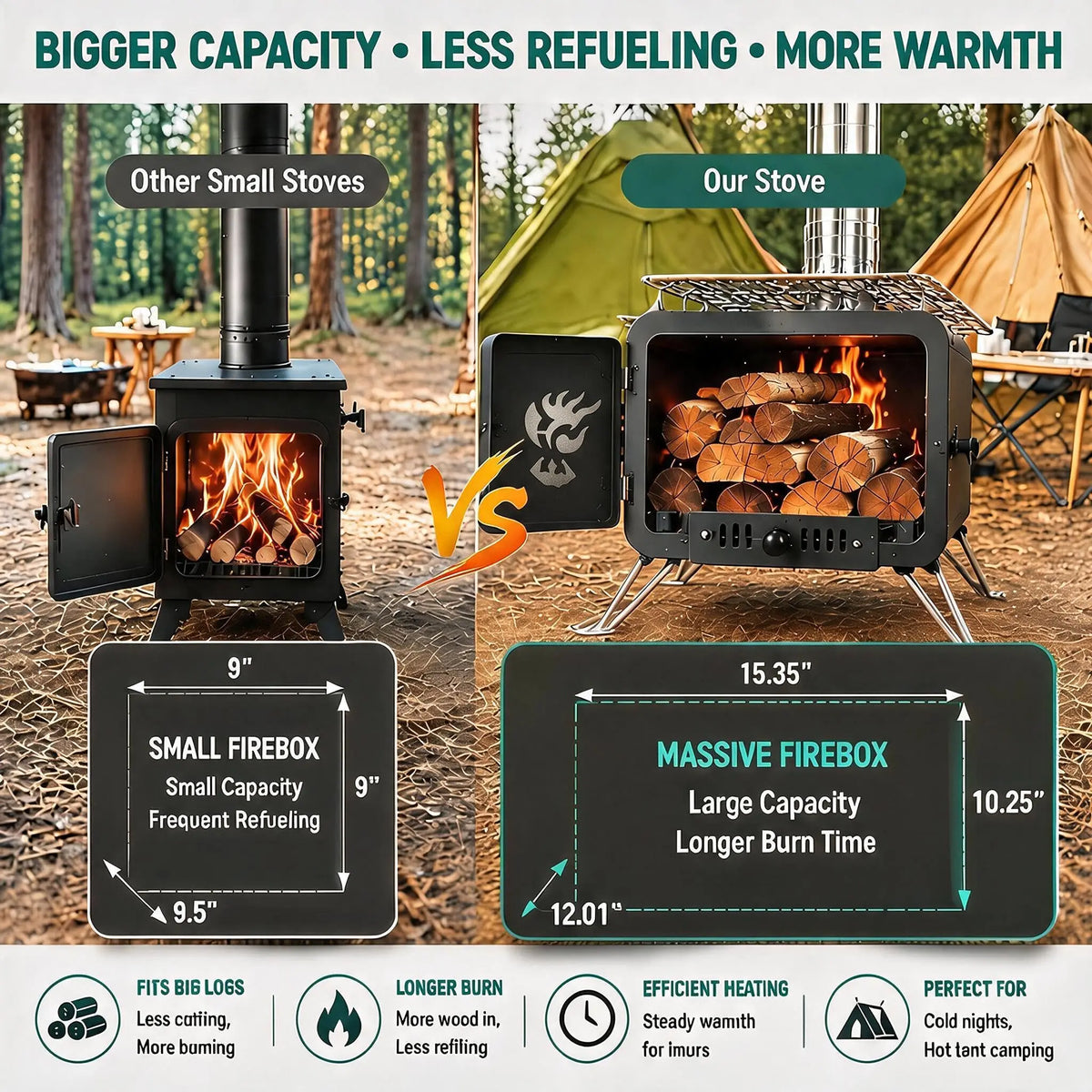 Large Hot Tent Stove with Wide Base, Portable Wood Burning Camping Stove