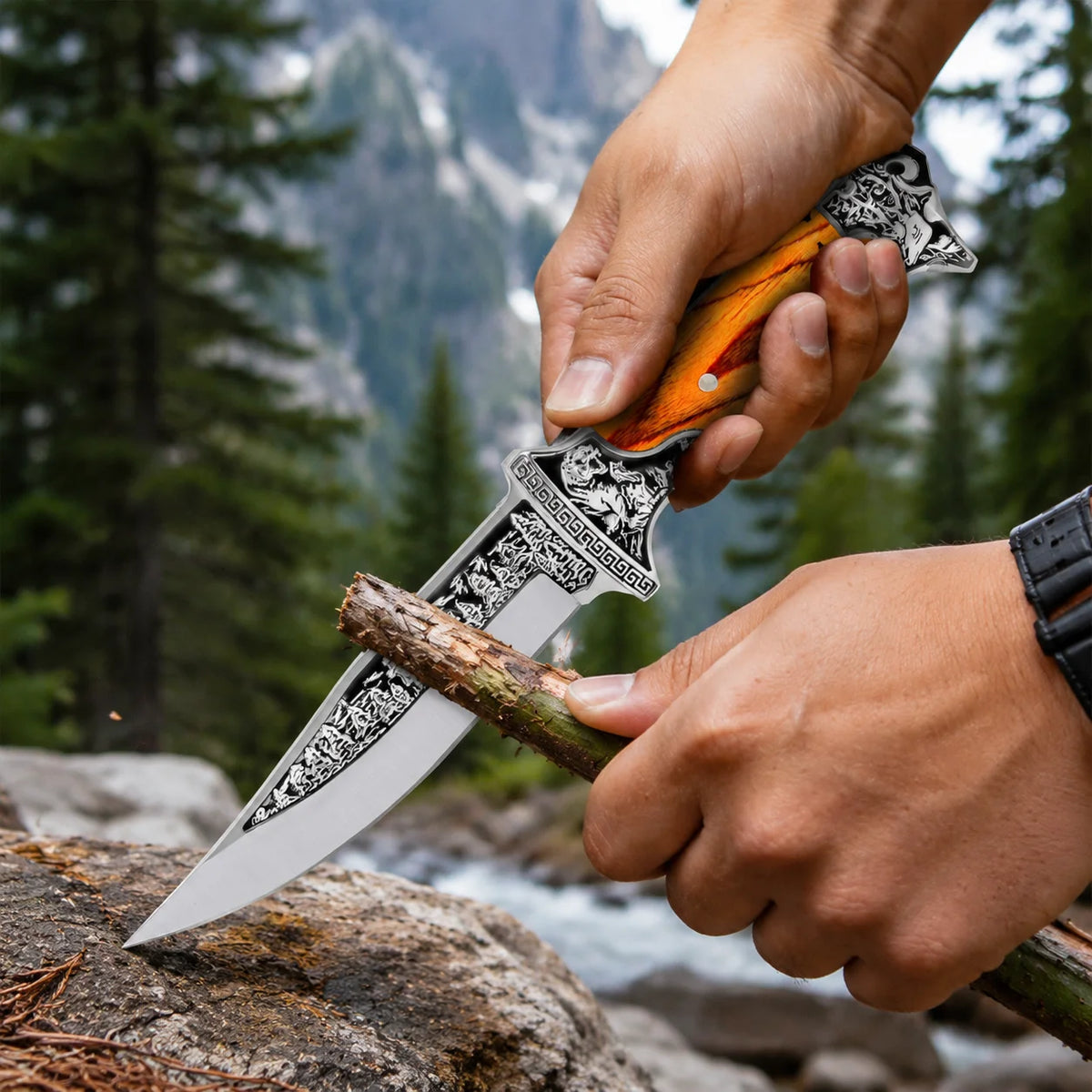 Wood Handle Fixed Blade Utility Knife with Protective Sheath Stainless Steel Outdoor Camping Hiking Picnic Daily Use Accessory