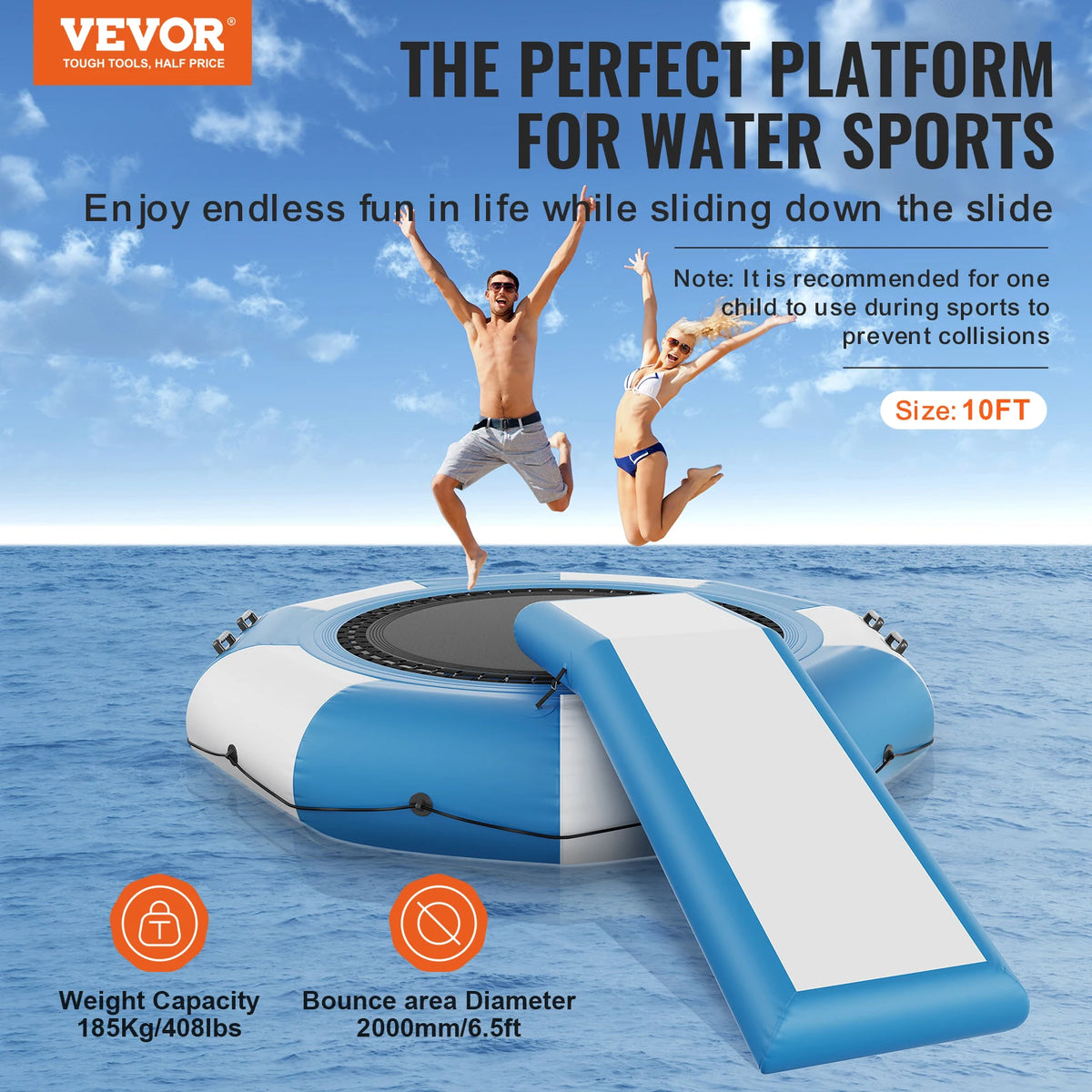 SucceBuy 10ft Inflatable Water Bouncer Recreational Water Trampoline Portable Bounce Swim Platform with Slide 3-Step Ladder