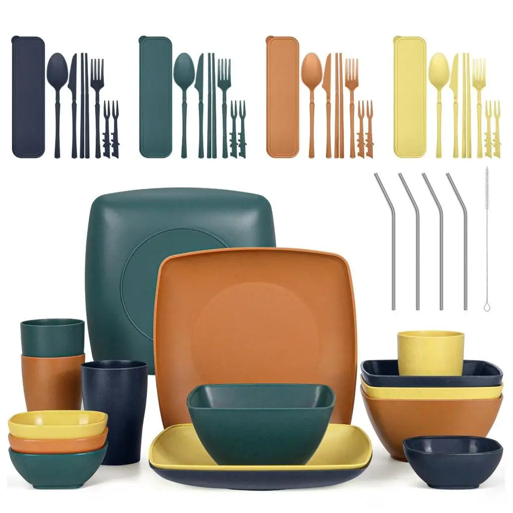 49Pcs Eco-Friendly Wheat Straw Dinnerware Set for 4 Unbreakable Plates Bowls Cutlery Lightweight Reusable Tableware Portable Outdoor Picnic Travel Camping Kitchen Microwave Safe