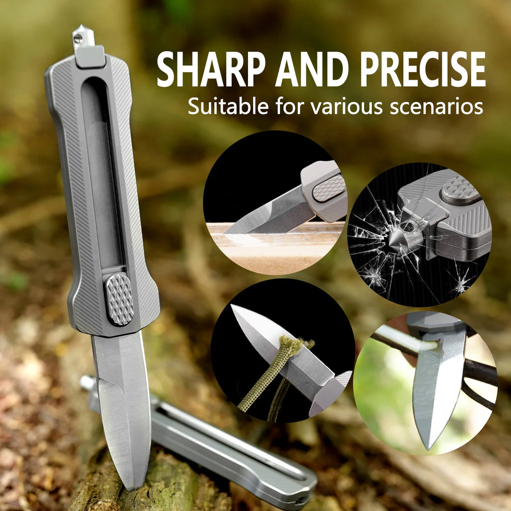 Titanium Alloy EDC Pocket Knife, D2 Steel Fixed Blade, With Window Breaker, for Outdoor Camping Hunting Hiking, Small Cutting Tool