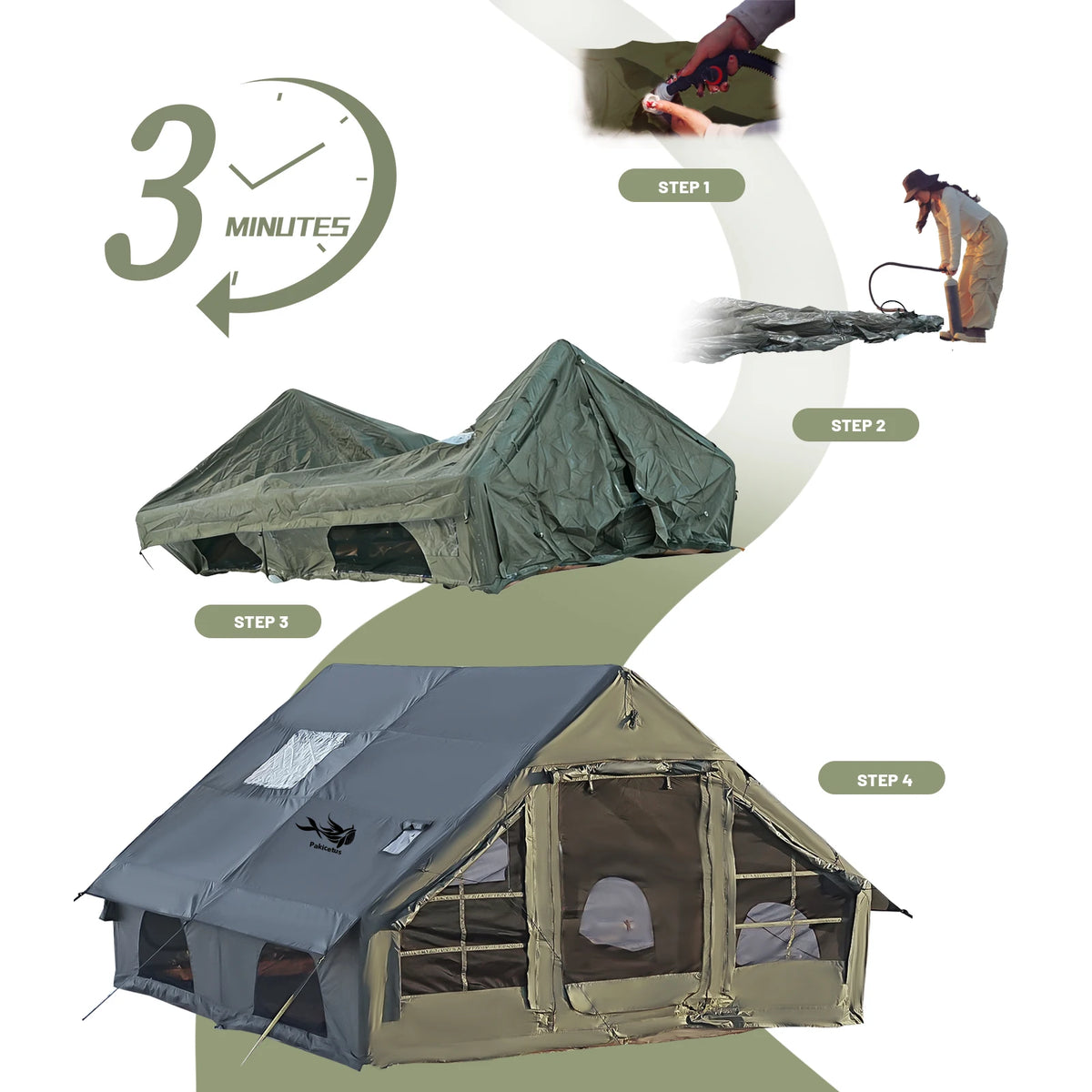PAKICETUS Large Luxury Inflatable Glamping Tent with Manual Hand Pump, Easy Setup 4 Season Anti-Snow Spacious Family Shelter, Weatherproof Air Tent - Macgyverzoutpost