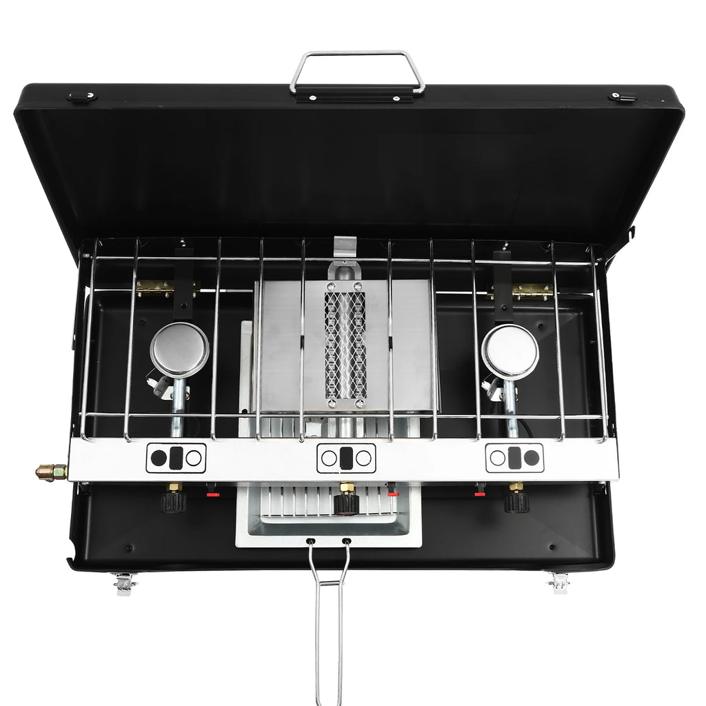 3-Burner Camping Stove Foldable, Portable Gas Grill with 4.5kW Total Power, Piezo Ignition and Windscreen Lid for Outdoor Cooking