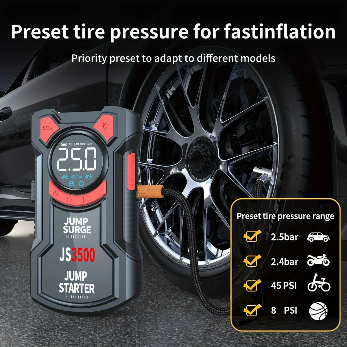 5-in-1 Jump Starter with Air Pump 3000A Peak Starter Box 150PSI Battery Pack with Digital Tire Inflator Car, Boat, Generator etc. - Macgyverzoutpost