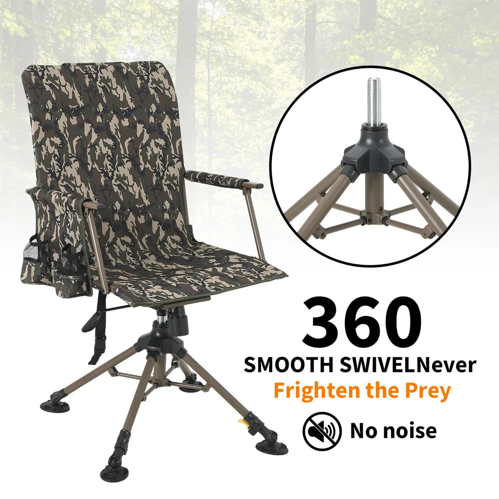 360° Swivel Hunting Chair, Silent Folding Portable Blind Seat | 4 adjustable legs & seat height, folding design, anti-sink feet, armrests, supports 330lbs, stable.
