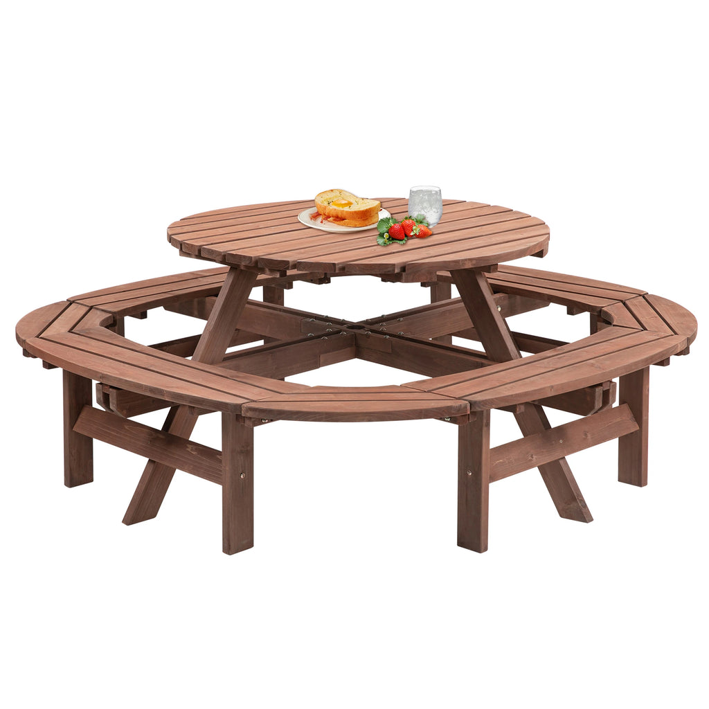 Solid Wood Round Outdoor Picnic Table Set with Fully Enclosed Built-in Curved Benches, Outdoor Patio Dining Furniture Equipped with Umbrella Hole - Macgyverzoutpost