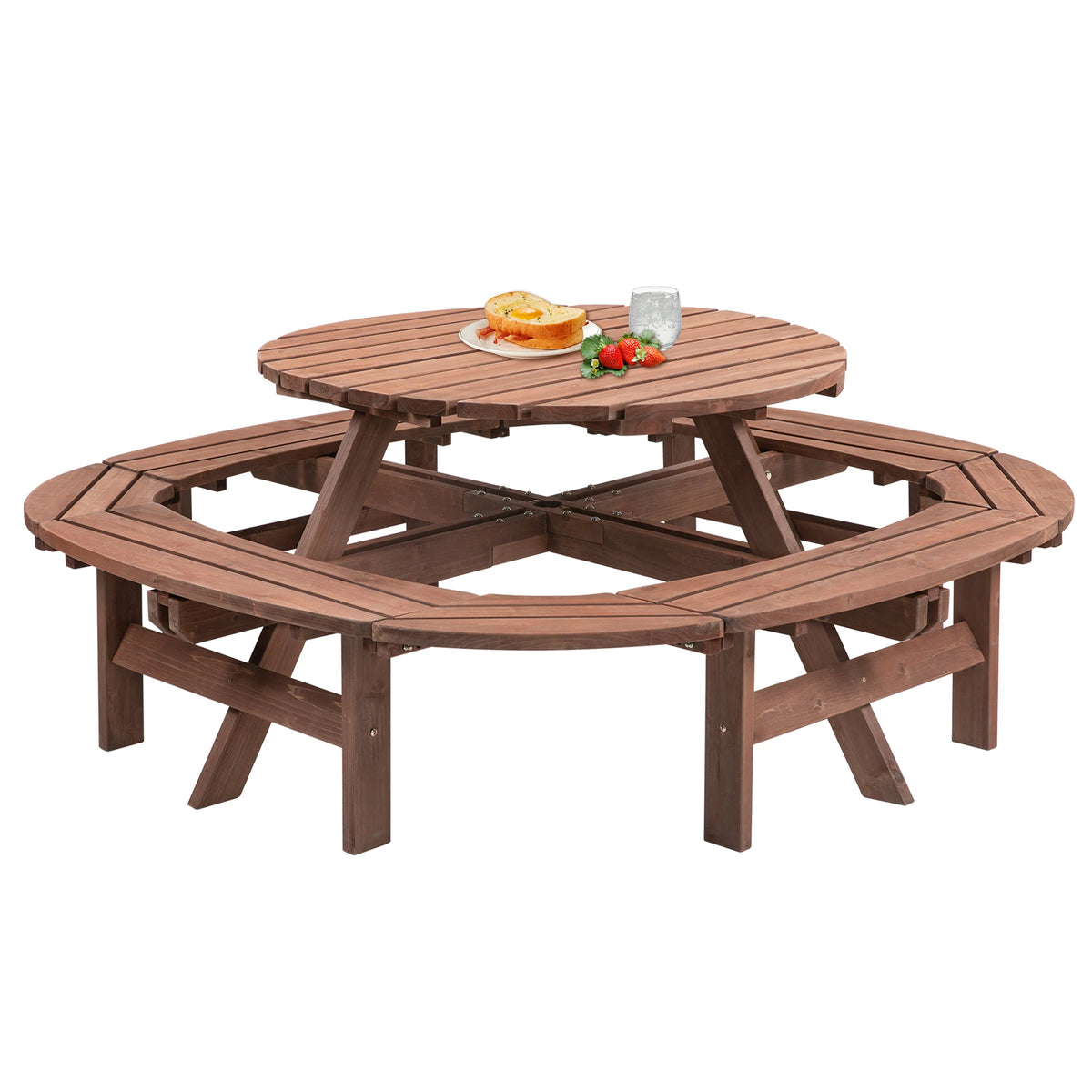 Solid Wood Round Outdoor Picnic Table Set with Fully Enclosed Built-in Curved Benches, Outdoor Patio Dining Furniture Equipped with Umbrella Hole - Macgyverzoutpost