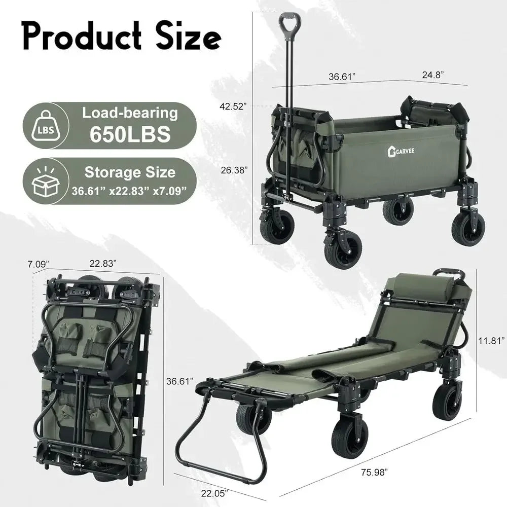 Versatile Dual-Function Garden Cart with Lounge Chair, Large Capacity, 360° Swivel All-Terrain Wheels