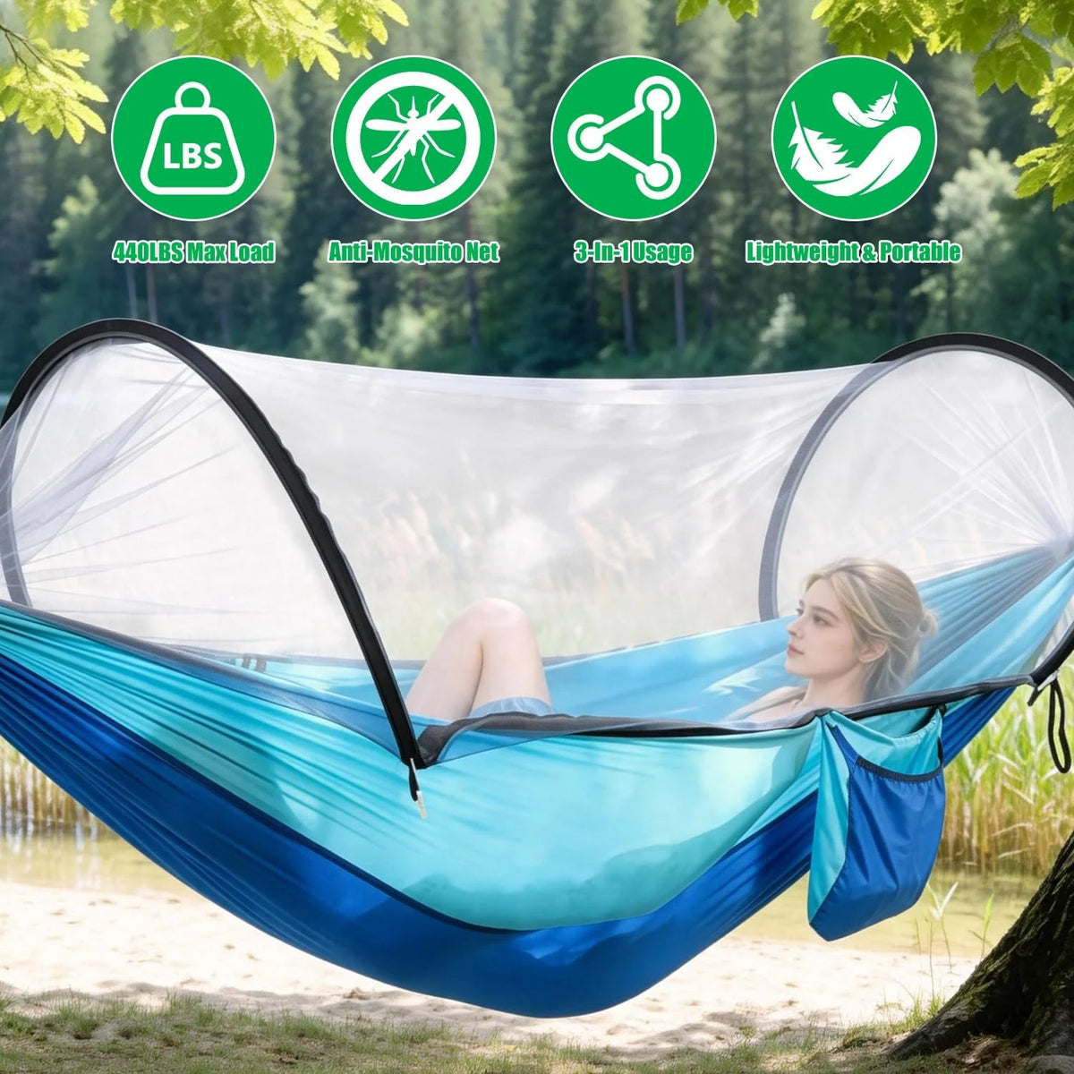 Fully Automatic Quick-Open Mosquito Net Hammock, Outdoor Single-Double Nylon Cloth Camping Support Rod