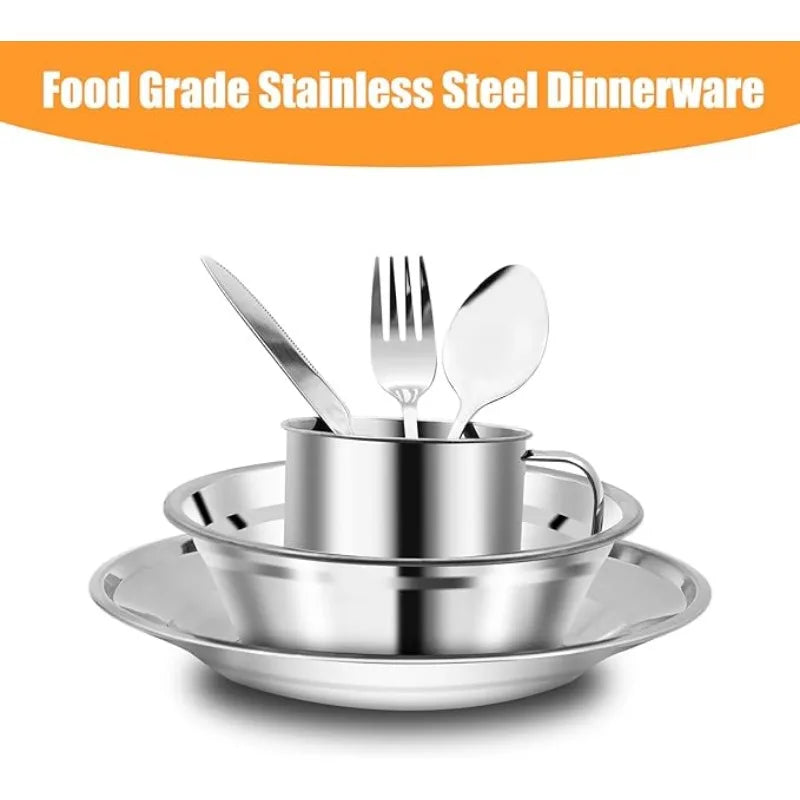 1 Set Stainless Steel Camping Tableware Kit Portable Dinner Set Bowls Plates Cups Forks Spoons Knives for 4 People Outdoor Camping
