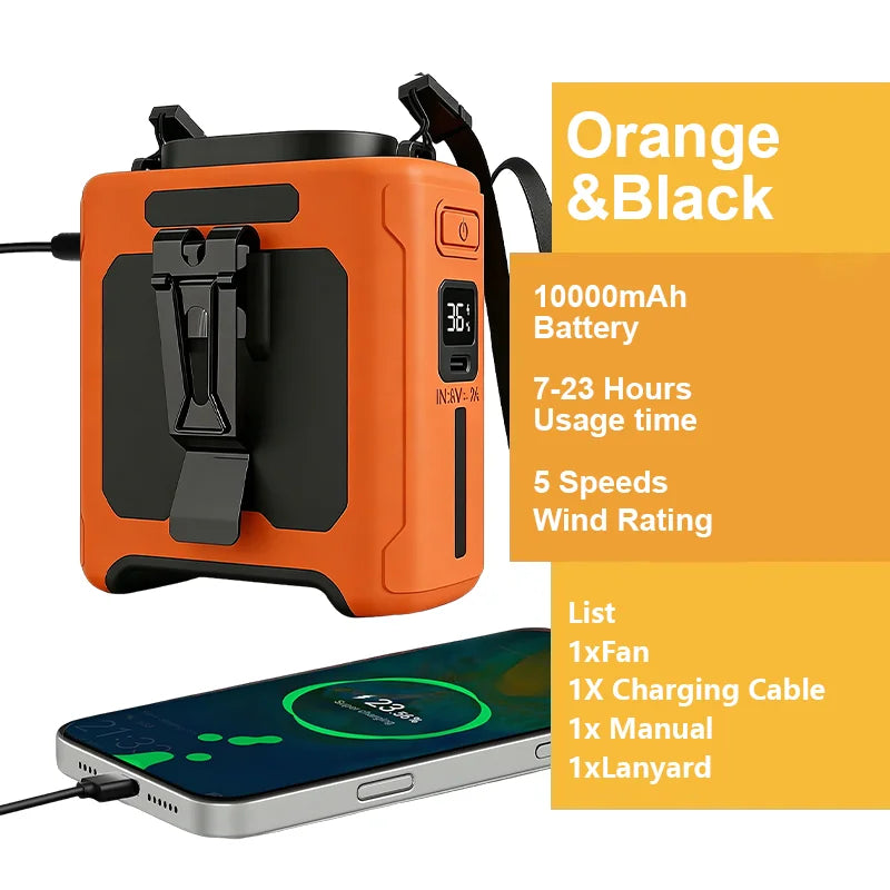 10000mAh Portable Waist Clip Fan Neck Hanging Fan for Outdoor Working Travel cooling fan with Power bank function - Macgyverzoutpost