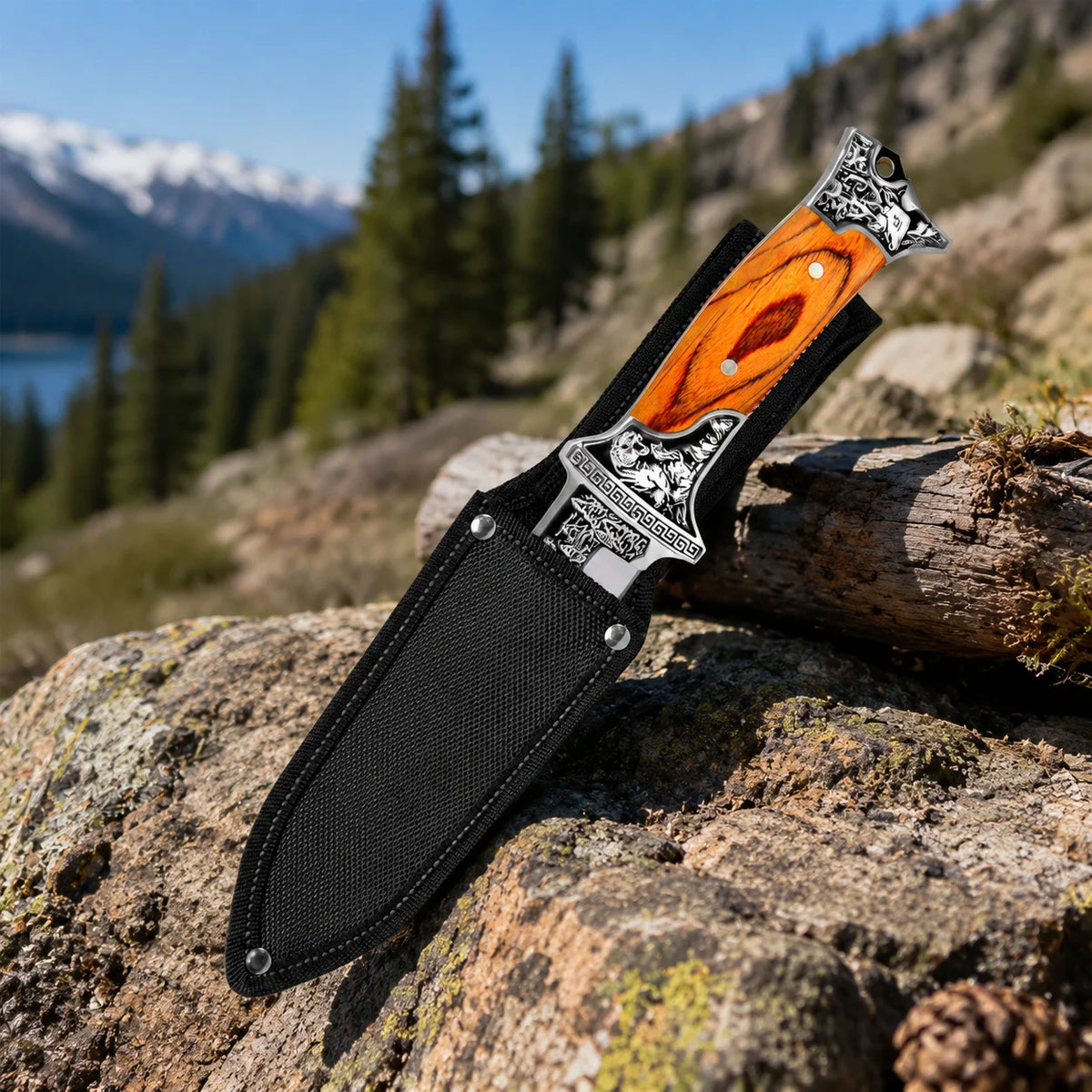 Wood Handle Fixed Blade Utility Knife with Protective Sheath Stainless Steel Outdoor Camping Hiking Picnic Daily Use Accessory