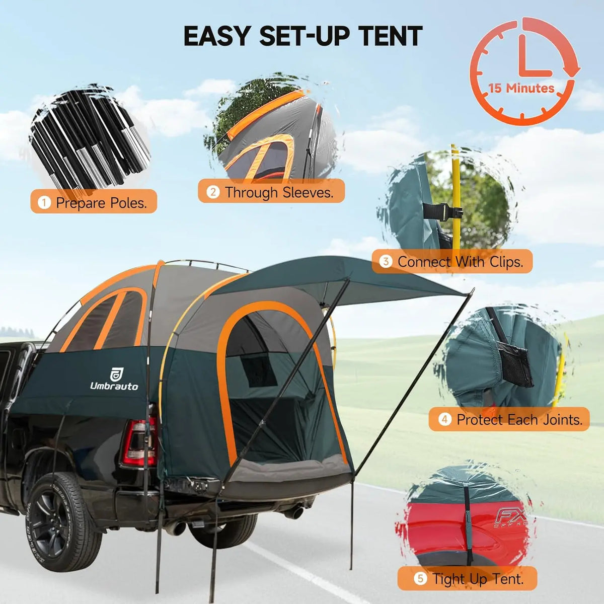 Umbrauto Truck Bed Tent with Awning: 6.4-6.7FT PU3000mm Waterproof Tailgate Pickup Truck Easy Set-up for 2 Person, Fits Full Size Short Bed, Chevy, Dodge, Ford, GMC, Macgyverzoutpost