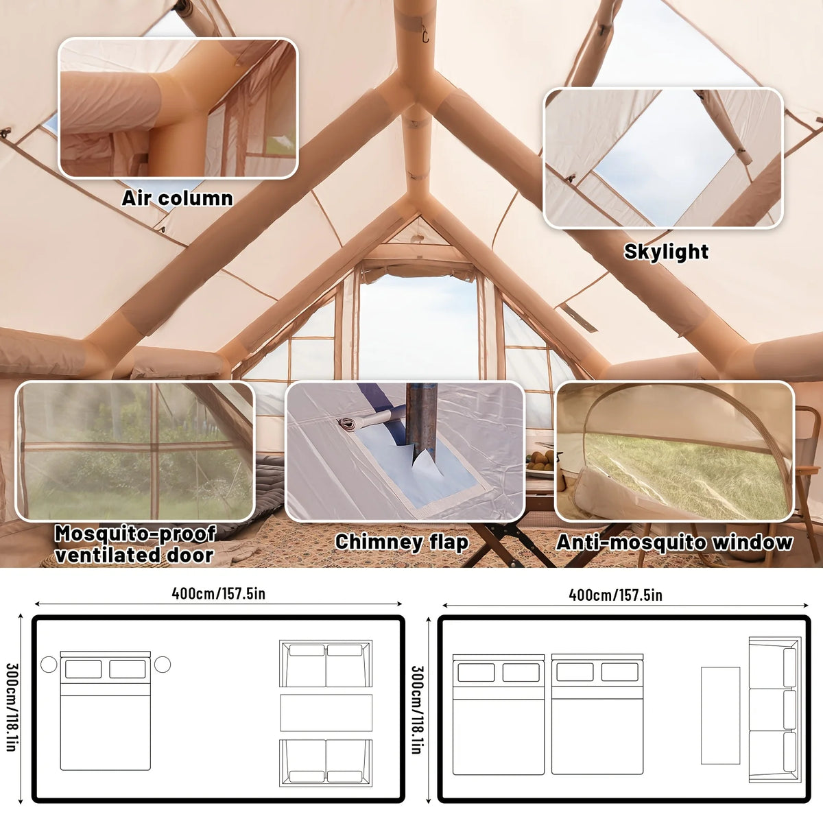 Inflatable Camping Tent for 4-8 People- Quick SetupBlow-Up Tent, 4-Season Versatile, Waterproof PortableOutdoor Tent with Stove outlet