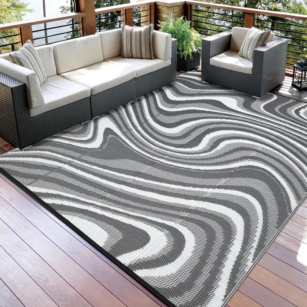 Garvee Waterproof Outdoor Rug 10x14ft Abstract Outdoor Camping Rug with Portable Bag Large Reversible Plastic Straw Foldable Lightweight