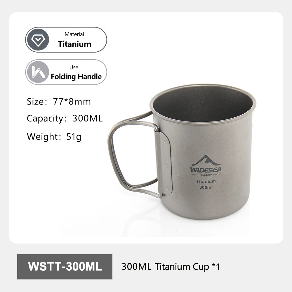 Widesea Ultralight Pure Titanium Camping Cup with Foldable Handle Multiple Capacity Portable Outdoor Mug for Hiking Backpacking