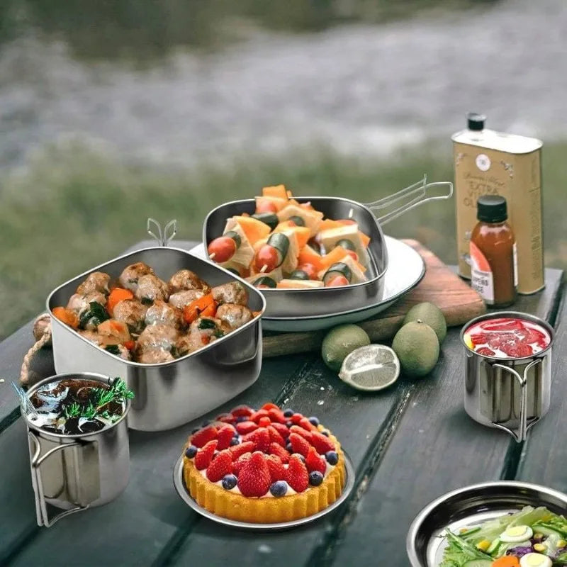 6Pcs Backpacking Camping Cookware Mini Picnic Camping Cooking Mess Kit, Stainless Steel Pots Pan Plates Set for Hiking, Backpacking, Bushcraft and Picnic, Camping, Included Carry Bag