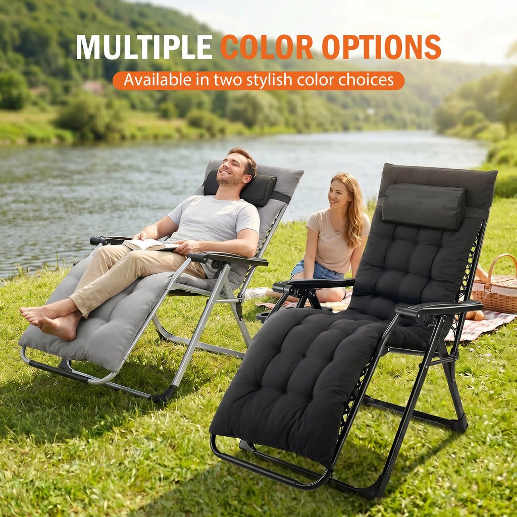 JHK Zero Gravity Reclining Camping Lounge Chair for Outdoor Soft Cushion Patio Chairs with Cup Holder Trays and Removable Cushion Folding Recliner