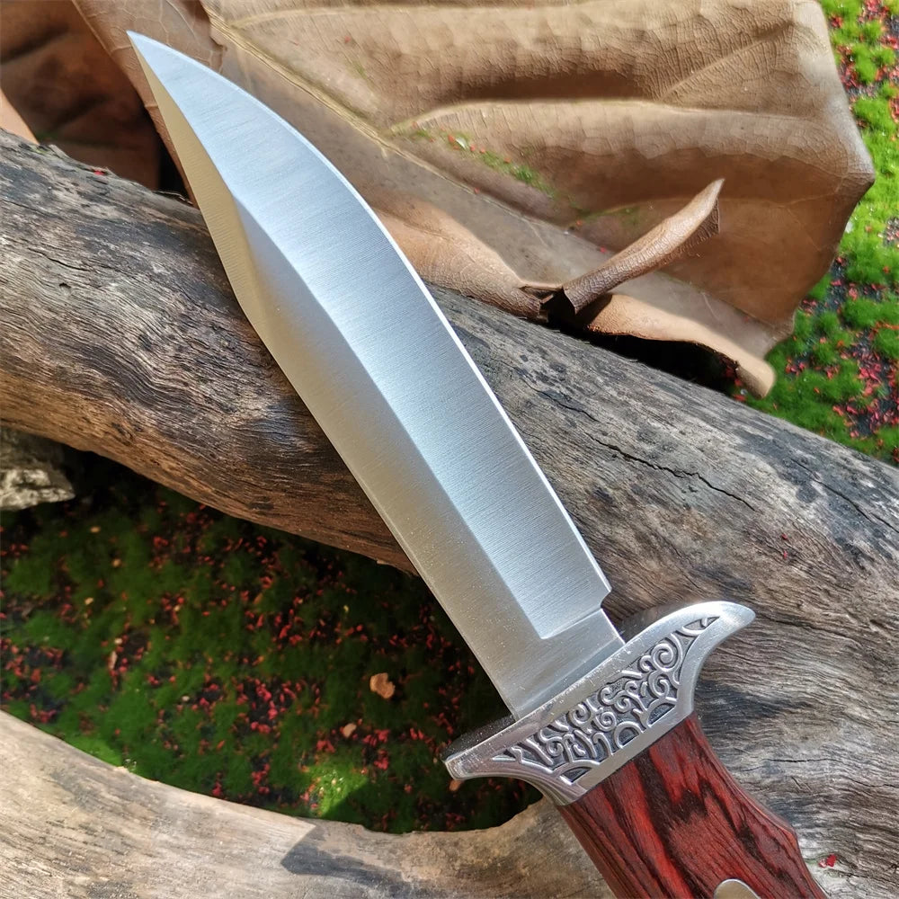 Outdoor Camping Knife, Fixed Blade Straight Knife with Wood Handle, 7Cr13 Steel Blade, Tactical and Survival Tool with Scabbard