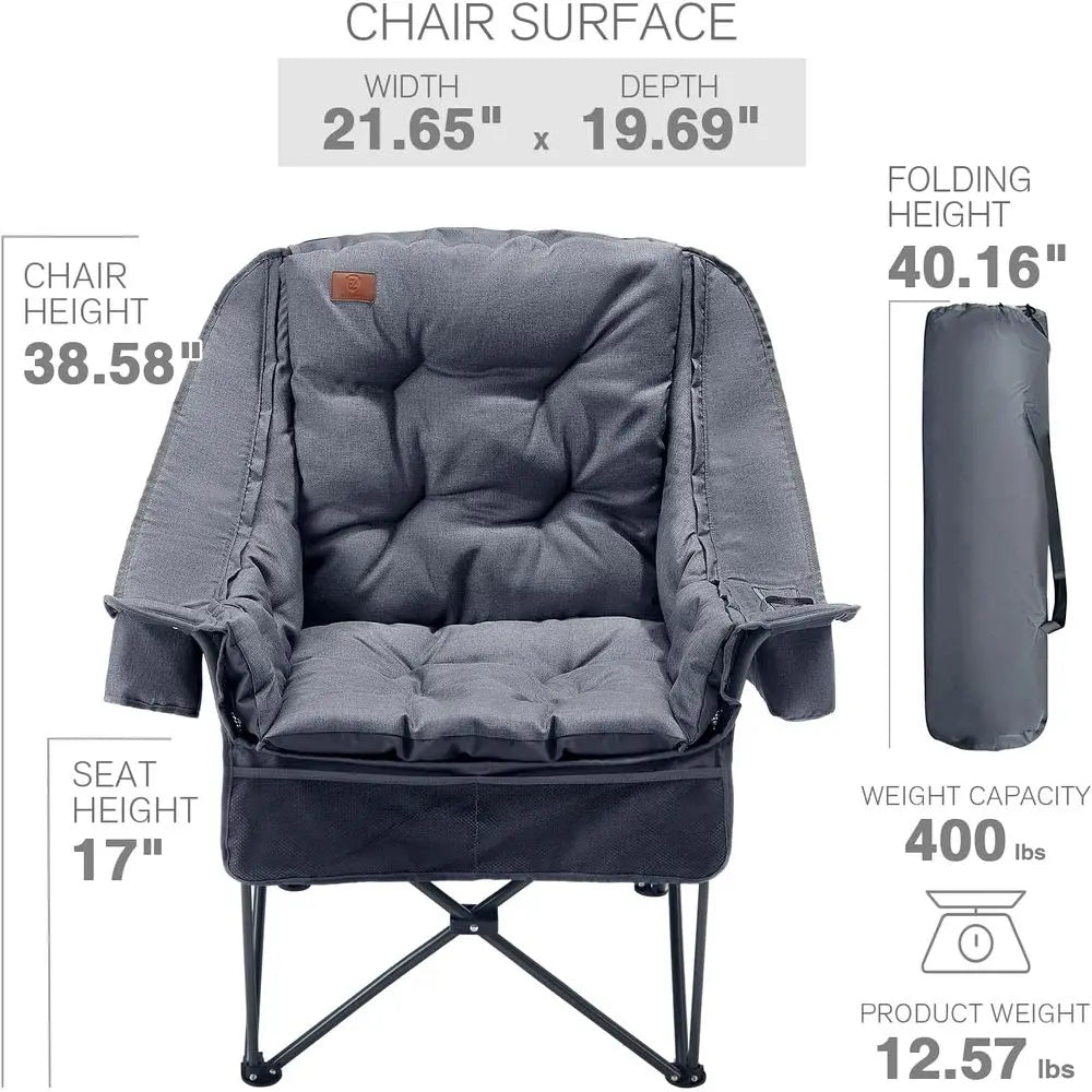 Durable 2-Piece Camping Chairs with Detachable Cushions, Supporting Up to 400lbs, Grey
