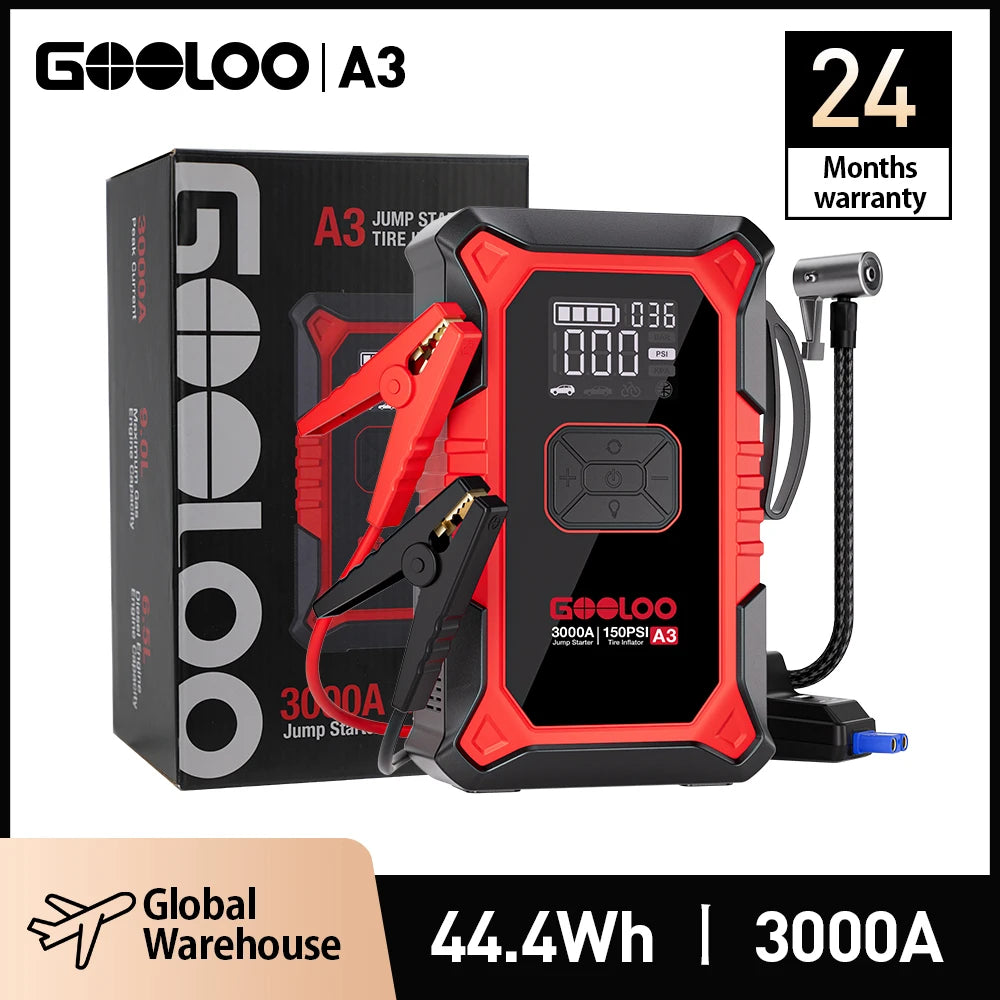 GOOLOO A3 Jump Starter with Air Compressor, 3000A Portable Car Battery Booster (9.0 Gas/6.5L Diesel) with 150PSI Auto-Shutoff - Macgyverzoutpost